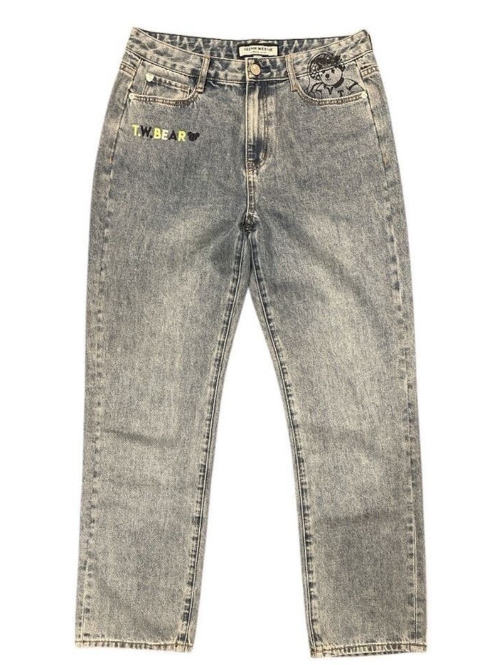 Teenie Weenie W30 High Rise Mom Jeans Teddy Bear Embroidered Light Wash